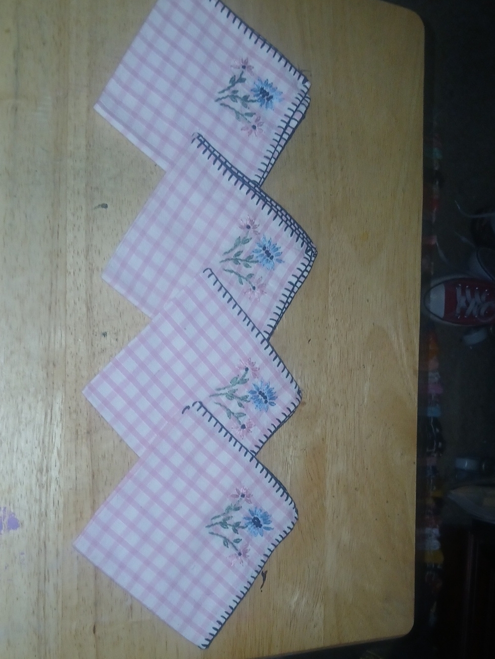 Vintage Embroidered Pink Gingham Cloth Cocktail Napkins 4pc